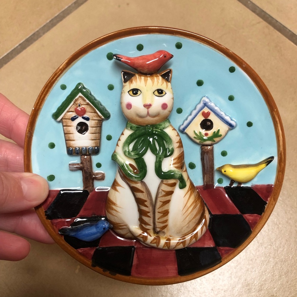 Decorative cat bird 3D raised ceramic trinket plate dish